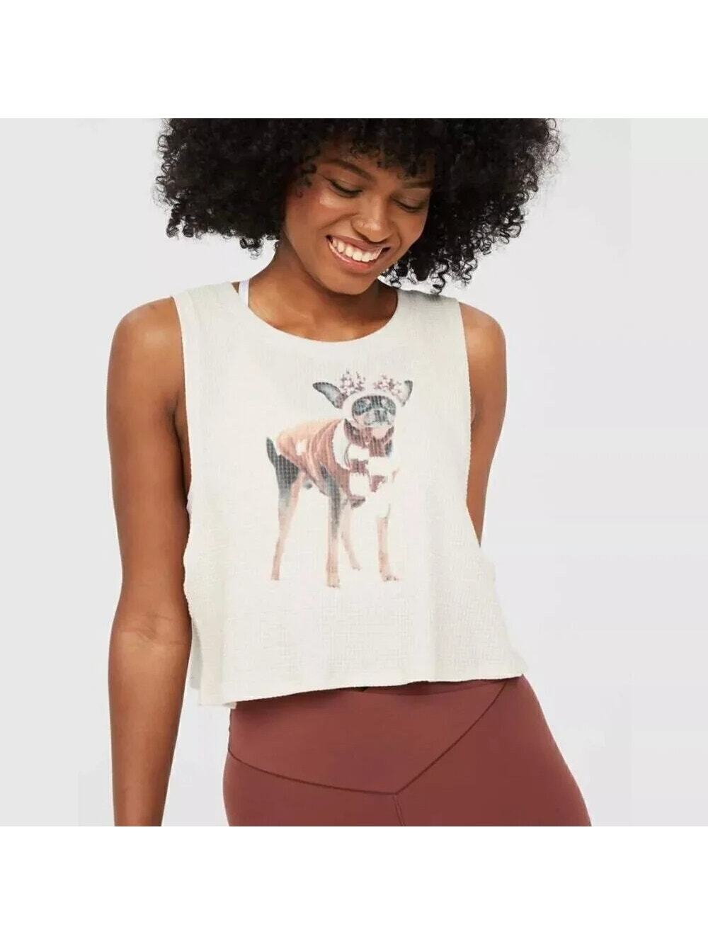 Offline by Aerie Wow Waffle Knit Cream Chihuahua Distressed Crop Tank Top M